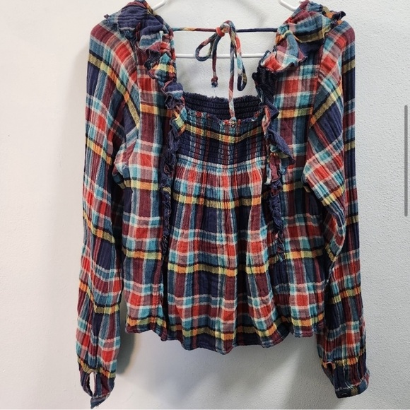 Free People We The Free Smocked Plaid Boho Top S - Picture 9 of 12